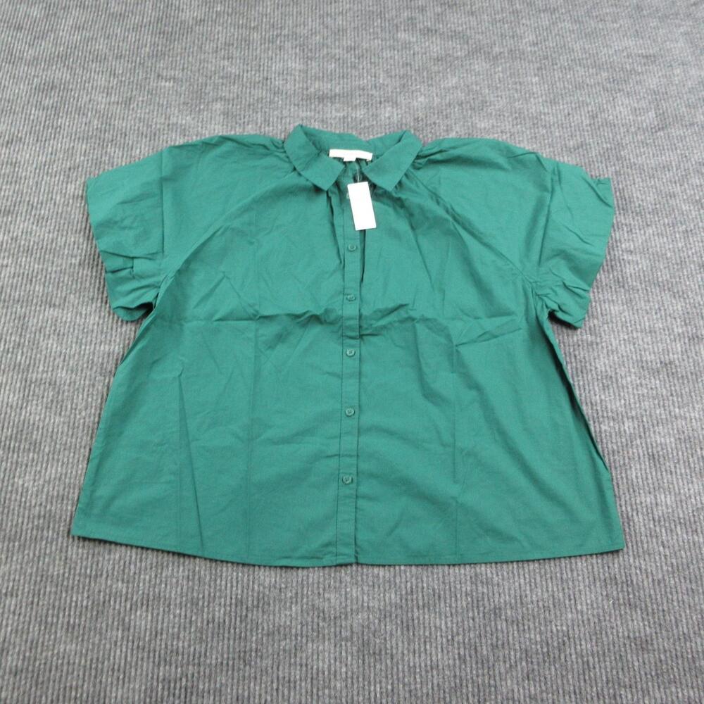 LOFT Shirt Womens XL Green Raglan Bubble Sleeve Collared Button-Up Cotton NWT